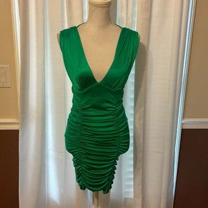 Alexia Admor Emerald Green Dress S Ruched Sleeveless Deep V-Neck Sheath Sheen